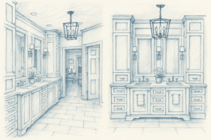 a drawing of a bathroom